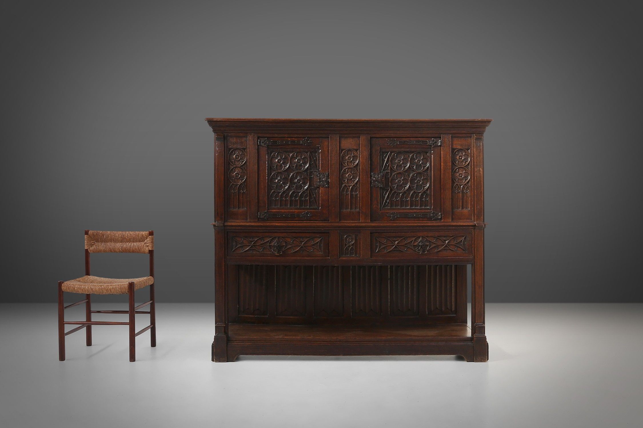 Neo-gothic cabinet in oak with concealed storage and rich decorations, France, 1850sthumbnail